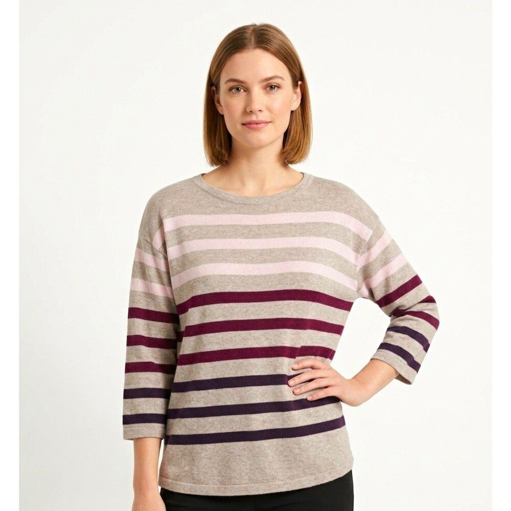 Chico's Womens Striped Knit Sweater size 2 Beige Pink Dolman 3/4 Slv Large